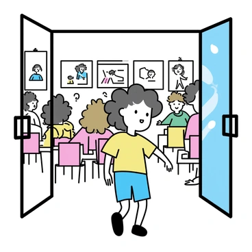 A child with curly hair is walking through the entrance of a community center. The child is wearing a bright yellow t-shirt and blue shorts. The entrance has large glass doors, which allow sunlight to pour in, illuminating the space. Inside, there are colorful chairs and tables arranged, and friendly faces of diverse adults and children greeting the newcomer. Various posters and artwork decorated the walls, showcasing community events and activities. The atmosphere is filled with energy and excitement as the child steps in, looking around with curiosity.