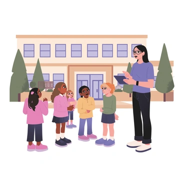 A woman standing in front of a group of five young girls outside a school building. The woman has long black hair tied in a ponytail, wearing glasses, a blue blouse, and black jeans. She is pointing at a tablet in her hand and explaining something to the girls. The girls, ranging in ages from 8 to 12, have diverse skin tones and hair styles. One girl has curly brown hair, another has straight black hair, a third has braids, a fourth has short blonde hair, and the fifth has wavy red hair. They are all attentively looking at the tablet. The school building is a light brick color with windows and a large entrance, and there are green trees in the background. The atmosphere is lively, reflecting excitement and interest in technology.