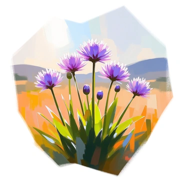 A cluster of "Allium flowers" with purple and white spherical blooms, glistening with tiny droplets of "morning dew" resting on their petals. The flowers are surrounded by lush green foliage that enhances their vibrant colors. In the background, a soft, rolling landscape stretches out, with gentle hills and a clear blue sky. The light of the early morning sun casts a warm glow over the scene, illuminating the flowers and dew in a tranquil setting.