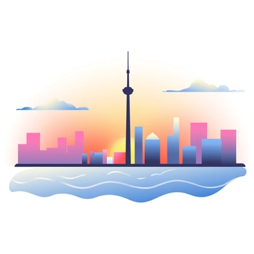 A view of the Toronto skyline is depicted with the CN Tower prominently towering above the other buildings. The sky is filled with a warm blend of oranges, pinks, and purples as the sun sets on the horizon. Silhouettes of various skyscrapers outline the skyline, with some reflecting the vibrant colors of the sunset. In the foreground, there are gentle waves on Lake Ontario, catching the hues of the sky. The atmosphere is tranquil, conveying the peacefulness of the evening.