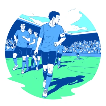 A blue soccer player wearing a captain's armband is confidently leading his team onto a green field. The player has a determined expression, showcasing focus and leadership. The rest of the team follows closely behind, wearing matching blue and white uniforms. The background features a bustling stadium filled with cheering fans, creating an atmosphere of excitement and anticipation. Sunlight casts a warm glow over the scene, illuminating the players as they stride forward.