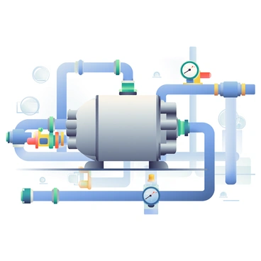 A hydraulic system is prominently displayed, showcasing a compact heat exchanger positioned in the center. The heat exchanger features a metallic casing with smooth, shiny surfaces and several ports for fluid entry and exit. Surrounding the heat exchanger, there are various pipes and hoses made of flexible rubber, connected in a network that facilitates fluid movement. The system has pressure gauges and valves attached, indicating fluid temperature control settings. The background consists of a clean, industrial setting with subtle machinery elements and soft lighting that creates a focused atmosphere around the hydraulic system.