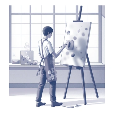 An artist is standing in front of a large canvas, deeply focused on their work. The canvas displays an abstract composition with various shapes that appear to be in motion. To the side of the canvas, there are several magnets arranged in a way that influences the positioning of certain elements on the painting. The artist, wearing a paint-splattered apron, is holding a brush in one hand while adjusting a magnet with the other hand. There are paint splatters on the floor, and tools like palette knives and extra brushes are scattered around the artist. The studio is filled with large windows, allowing natural light to illuminate the scene.