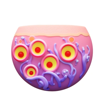 A close-up view of hair follicles with visible stem cells. The hair follicles are depicted in various stages of regeneration. Each follicle is surrounded by detailed cellular structures, showcasing the interaction between stem cells and the surrounding tissue. The stem cells are represented as small, vibrant circles within the follicles, indicating their active role in hair growth. The background features a subtle gradient to enhance the focus on the hair follicles and stem cells.