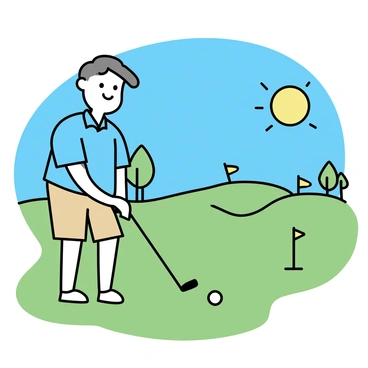 A senior man is standing on a golf course, wearing a light blue polo shirt and khaki shorts. He is holding a golf club, preparing to take a swing at a white golf ball on a green tee. The sun is shining brightly in the clear blue sky, casting soft shadows on the well-manicured grass. In the background, there are trees lining the course and a few colorful golf flags marking the holes. The senior man has a content smile as he focuses on his shot.