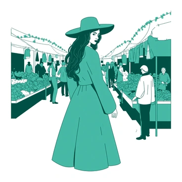 A teal mysterious woman wearing a large fashionable hat is glancing over her shoulder in a bustling white marketplace. Her long flowing hair cascades down her back, partially hidden by the hat. Stalls filled with vibrant fruits and vegetables line the path, with colorful fabrics hanging from nearby stands. People mill about, some engaged in conversation while others are examining products. The atmosphere is lively, with various items creating a vivid backdrop for the woman’s intrigue.