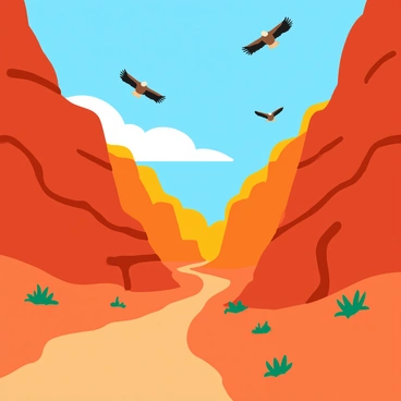 A rugged canyon with vibrant, layered rock formations in shades of red, orange, and brown. The canyon walls are steep and jagged, displaying intricate patterns and textures. Above, several eagles soar gracefully in the bright blue sky, their wings spread wide and feathers detailed. The sun casts warm light across the scene, highlighting the contours of the rocks and the birds in flight. In the foreground, sparse desert vegetation adds a touch of green to the landscape, contrasting with the earthy tones of the canyon.