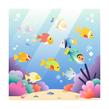 A school of colorful fish is swimming through a vibrant coral reef. The fish display a variety of colors, including bright yellows, blues, and reds, with some featuring intricate patterns on their scales. The coral reef is teeming with life, showcasing a range of shapes and hues, from soft pinks to deep purples and oranges. Sunlight filters down through the water, casting shimmering reflections on the sandy ocean floor. Small sea creatures can be seen hiding among the corals, adding to the dynamic underwater scene.