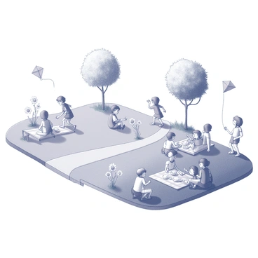 A small urban park features a grassy area with children playing. Some children are running, while others are flying kites or playing with a ball. There are several blooming flowers scattered throughout the park, adding a touch of nature to the environment. Families are sitting on picnic blankets, enjoying meals and spending quality time together. The scene includes a few trees providing shade and a walking path winding through the greenery.