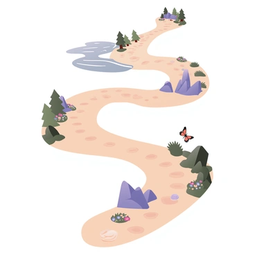 A digital flat illustration featuring a winding path of footsteps that traverses through multiple distinct environments. The first environment on the left showcases a dense forest with tall, green trees and vibrant flowers along the path. Moving right, the scene transitions to a sandy beach with gentle waves lapping at the shore, with seashells scattered along the footsteps. Further along, the path leads to a rocky mountain landscape with craggy rocks and patches of grass, with a clear blue sky above. The final environment on the far right presents a peaceful meadow filled with colorful wildflowers and a few butterflies fluttering above. Each section is separated by visually distinct transitions, emphasizing the journey through diverse landscapes.