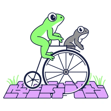 Two frogs are perched on a penny-farthing bicycle as they ride down a cobblestone street. The frog in front has a bright green body and large, bulging eyes, while the frog at the back is darker with a slightly mottled appearance. The penny-farthing features a large front wheel and a smaller rear wheel, with a shiny metal frame. The cobblestone street beneath them is uneven, showcasing a variety of textured stones in different shapes and shades. A few blades of grass are visible at the edges of the cobblestones, swaying gently in the breeze. The scene captures the playful moment of the frogs enjoying their unusual mode of transportation.