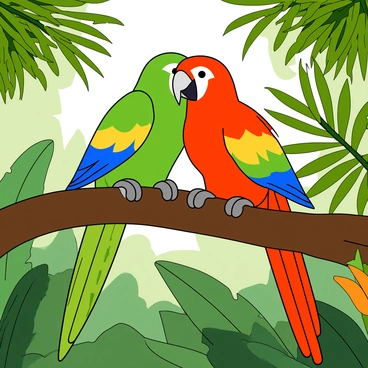A pair of vibrant parrots, one primarily green with splashes of blue and yellow, and the other featuring a mix of red and orange feathers, are perched closely on a thick brown branch. The branch is surrounded by lush tropical foliage, including large green leaves with pointed tips and a few bright flowers peeking through the greenery. The parrots have their heads tilted towards each other, displaying their playful interaction. Sunlight filters through the leaves, creating a warm, inviting atmosphere around them.