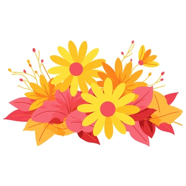 A collection of vibrant autumn flowers including "chrysanthemums" in shades of yellow and orange, and "marigolds" with deep gold and reddish hues. The flowers are arranged amidst a carpet of "fallen leaves" in various shades of red, orange, and brown. The scene captures the essence of autumn, with clusters of blossoms grouped together, creating a bright contrast against the earthy tones of the leaves scattered around them.