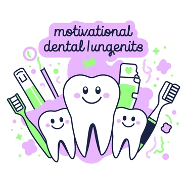 A poster featuring several smiling teeth, each with a distinct expression. The teeth are arranged in a cheerful manner across the poster, surrounded by various dental hygiene items such as a toothbrush, toothpaste, and dental floss. Above the teeth, there are "motivational dental hygiene quotes" written in an engaging font. The background includes simple patterns that complement the overall theme of dental care.
