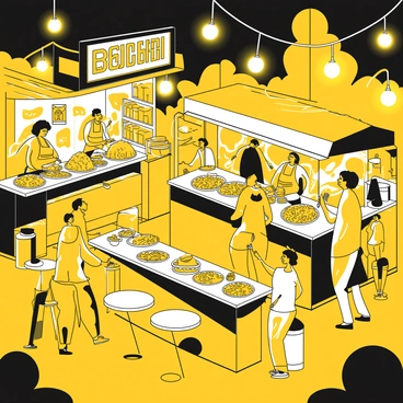 A bustling night market filled with an array of food stalls. Each vendor is busy serving customers, with various dishes displayed prominently. Colorful food items are being grilled, fried, and prepared right in front of the patrons. The air is filled with the aroma of spices and freshly cooked meals. Strings of bright neon lights hang overhead, illuminating the scene with vibrant glow. People of different ages and backgrounds are happily chatting and enjoying their food, while some are examining the goods available for sale. Tables and benches are scattered throughout, providing spaces for visitors to sit and savor their meals.