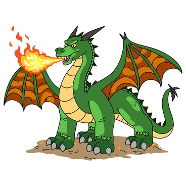A large mythical dragon with shimmering scales in shades of emerald green and deep bronze. The dragon has fierce golden eyes and sharp, pointed horns atop its head. Its wings are spread wide, showcasing intricate patterns that resemble stained glass. The dragon is positioned in a dynamic posture as it breathes a small but intense stream of bright orange and yellow flames. The flames flicker and dance in the air, casting a warm glow on the dragon's face and highlighting its fierce expression. The ground beneath is scorched, with hints of smoldering embers scattered around.