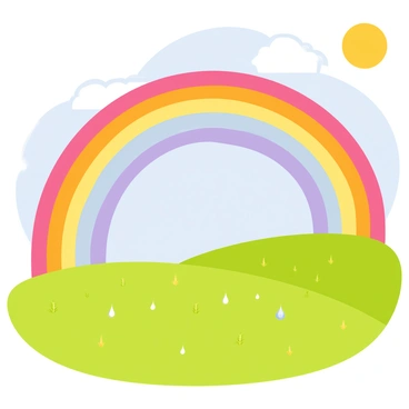 A vibrant rainbow arching across the sky with a smooth gradient of colors. Below the rainbow is a lush green field, covered in fresh grass, glistening with droplets of water. The sun shines brightly, illuminating the scene and causing the droplets to sparkle like tiny jewels. In the background, fluffy white clouds can be seen scattered across the blue sky.