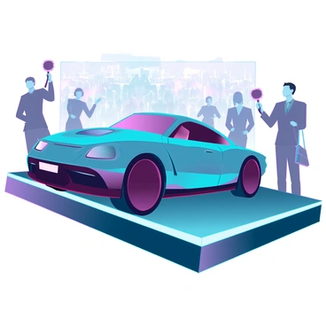 A sleek, luxury car model with a polished chrome finish reflecting the light around it. The car is positioned prominently on a raised platform, showcasing its aerodynamic curves and intricate details. The canvas backdrop features a blurred crowd of admirers, with individuals in elegant attire looking on with interest. Soft spotlighting highlights the car’s features, emphasizing its high-end design. Surrounding the platform, there are elegant auction paddles raised in the air, indicating active bidding. The overall atmosphere conveys excitement and exclusivity.