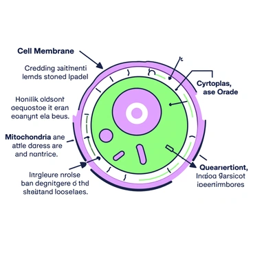 An overview of an animal cell is displayed prominently. The cell is depicted with a clearly defined "cell membrane" that encircles the entire structure. The cell membrane is illustrated with lines indicating its selective permeability. Different parts of the cell are labeled, including "nucleus," "cytoplasm," and "mitochondria," each represented with distinct shapes and details. Arrows point to the various components to enhance understanding, and the labels are in a clear, readable font. Additional annotations describe the functioning of the cell membrane and its role in regulating the passage of substances.