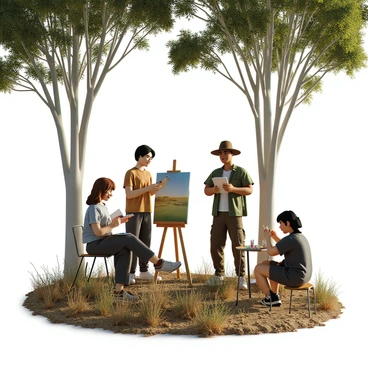 A group of three artists is sketching outdoors in the Australian bush. The first artist, a woman with long curly hair, is seated on a portable stool with a sketchpad on her lap, focused intently on capturing the landscape. The second artist, a man with short hair and wearing a wide-brimmed hat, stands beside a wooden easel with a canvas, paintbrush in hand, while his palette rests on a small table. The third artist, a young woman with a ponytail, is crouched down on the ground, examining a patch of wildflowers to draw. Surrounding them are tall eucalyptus trees with white trunks and green leaves, creating a natural frame. The ground is covered in a mix of dry leaves and grass, adding to the rustic atmosphere of the scene. Sunlight filters through the branches, casting dappled shadows on the artists as they work.