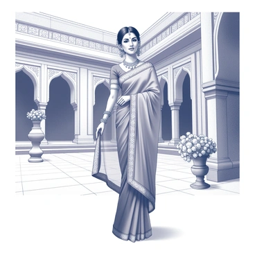 A bride stands elegantly in an ancient Indian palace courtyard. She is wearing a traditional sari that drapes gracefully around her. Her hair is adorned with intricate gold accessories, and she has applied delicate mehndi designs on her hands. The courtyard features ornate stone carvings and arched doorways that reflect the rich architectural style of the palace. The bride's expression is serene as she poses with one hand gently holding the pallu of her sari, while the other hand rests at her side. Decorative floral arrangements are placed in the background, enhancing the regal atmosphere of the scene.