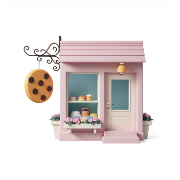 A quaint bakery shop with a charming wooden exterior, painted in pastel colors. The shop has large glass windows showcasing a variety of baked goods arranged neatly on display. A large, cookie-shaped sign, detailed with chocolate chip patterns, is swinging gently outside, attached by a decorative wrought-iron bracket. Flower boxes filled with vibrant blooms are placed under the windows, adding a splash of color. The entrance door is made of wood with a small bell that jingles when it opens.