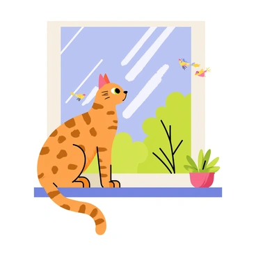 A Bengal cat with distinct spotted fur sits gracefully on a windowsill. The cat's bright green eyes are focused intently on a small group of colorful birds flitting around a tree outside. Sunlight streams through the window, casting soft shadows on the cat's sleek body. The windowsill is adorned with a few potted plants, adding a touch of greenery to the scene. The background reveals a clear blue sky, creating a vibrant contrast with the cat's warm tones.