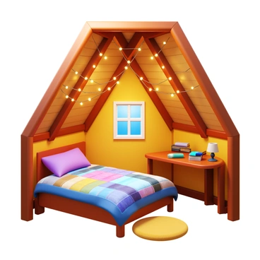 An attic bedroom with sloped ceilings, showcasing wooden beams and rustic charm. The space is adorned with "fairy lights" draped elegantly across the ceiling and walls, casting a warm glow throughout the room. A cozy "bed" with a colorful quilt sits against one wall, and a small "window" peeks out, allowing soft natural light to filter in. A wooden "desk" holds scattered books and a vintage lamp, adding to the inviting atmosphere. A plush "rug" lies on the floor, enhancing the comfort of the room.