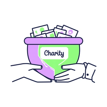 Two hands are holding a heart-shaped box labeled "Charity." The box is prominently displayed, showcasing its distinct heart shape. The label is clearly visible, with the word "Charity" written in bold letters. The box is filled with neatly arranged currency, creating a sense of abundance. The hands are positioned on either side of the box, gently cradling it as if presenting it to an audience. The background is minimal, allowing the focus to remain on the hands and the heart-shaped box.