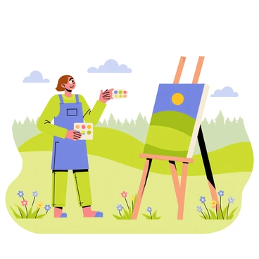 An artist with brown hair, wearing a blue smock, stands beside a wooden easel. The easel holds a canvas depicting a vibrant landscape with rolling hills and a bright blue sky. The artist is holding a palette filled with various colors in one hand and a paintbrush in the other. Surrounding the scene are green fields dotted with colorful wildflowers. In the background, a few fluffy white clouds float above a distant line of trees. A gentle breeze ruffles the grass, creating a lively atmosphere in the picturesque countryside field.
