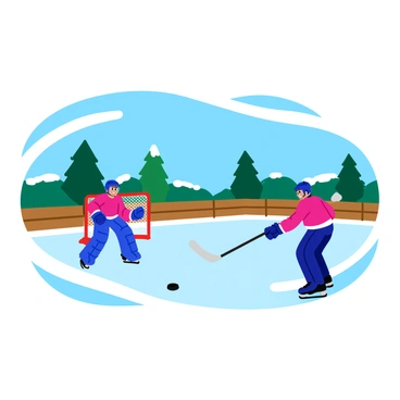 A young hockey goalie in bright blue gear is positioned in front of a homemade ice rink in a backyard. The rink is surrounded by wooden boards and features a few patches of snow along the edges. The goalie is focused, with a determined expression as he prepares to make a save. A hockey puck is flying towards him from the direction of a friend wearing a red jersey, who is taking a shot on goal. The background includes a few pine trees and a clear blue sky, suggesting a sunny winter day.