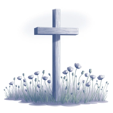 A wooden cross stands tall in the center of a vast field filled with delicate poppies swaying gently in the breeze. The cross is weathered and rustic, with a rough texture that contrasts with the smooth petals of the flowers surrounding it. The poppies are abundant, their round, open blossoms reaching towards the sky. Above, a clear blue sky stretches endlessly, creating a bright backdrop for the scene. The sunlight casts soft shadows on the ground, highlighting the vibrant green stems of the poppies and the earthy tones of the cross.