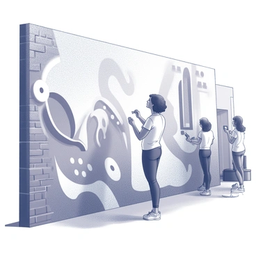 An artist stands in front of a large city wall, actively painting a mural. The artist has a focused expression, with paintbrush in hand, applying intricate patterns and designs. The mural features abstract shapes and flowing lines that symbolize creativity and expression. The wall is textured, with visible bricks and patches of weathered paint, contrasting with the artist's work. Nearby, onlookers admire the artwork, some taking photos, while others engage in conversation, creating a lively atmosphere. In the background, urban elements such as buildings and trees add context to the city setting.