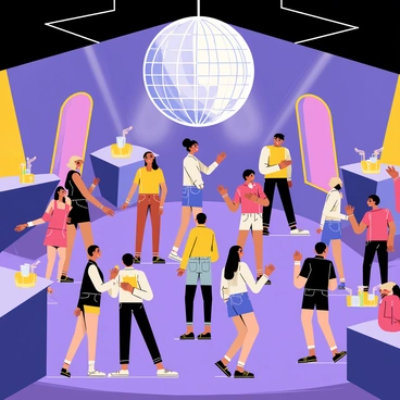 A bustling nightclub scene with a large, shimmering disco ball hanging from the ceiling. The disco ball reflects colorful lights in various patterns across the room, creating a vibrant atmosphere. People are dancing energetically on the crowded dance floor, with some individuals dressed in stylish outfits. There are illuminated drink tables scattered around the edges of the room, where patrons are socializing and enjoying their beverages. The walls are adorned with bright neon lights, adding to the lively ambiance of the nightclub.