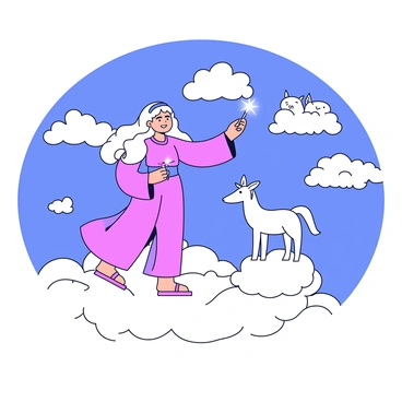An artist with long flowing hair is standing on a fluffy white cloud. The artist is wearing a long robe that sways as they move. In their hand, they hold a magical wand, which emits a soft glow. The sky is a vibrant blue with fluffy white clouds floating around. The artist is skillfully shaping the clouds into detailed sculptures, such as animals and whimsical shapes. Each sculpture is distinct and appears to be coming to life as they are formed.
