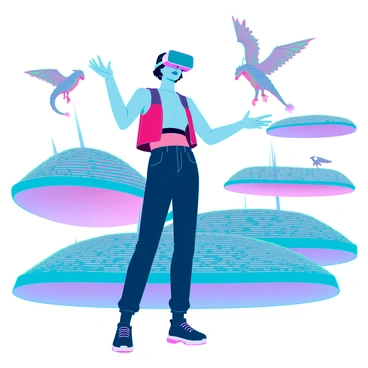 A person with medium skin wearing a sleek virtual reality headset is deeply immersed in a digital world. They are positioned in a dynamic stance, arms outstretched as if interacting with their surroundings. Vivid, colorful landscapes stretch out around them, featuring rolling hills made of glowing neon patterns and floating islands suspended in the air. Various fantastical creatures, such as luminous dragons with shimmering scales and whimsical, pixelated birds, flutter and soar nearby, adding to the vibrant atmosphere of the scene. The overall environment is filled with bright hues and intricate details, creating a captivating and immersive experience.