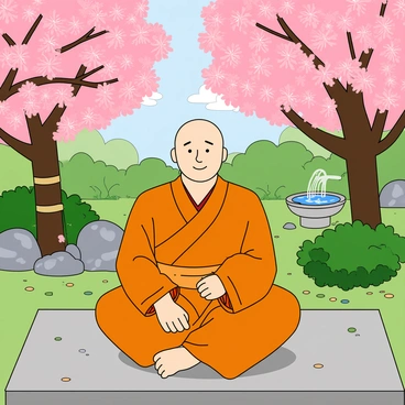 A Buddhist monk in traditional orange robes is seated in a cross-legged position on a smooth stone path. His head is shaved, and he has a calm expression on his face, with his hands resting on his knees. Surrounding him is a lush garden filled with vibrant pink cherry blossoms, their delicate petals gently falling around him. The garden features a variety of green plants and small rocks, creating a serene atmosphere. Soft sunlight filters through the branches of the cherry trees, casting gentle shadows on the ground. In the background, a small bamboo fountain trickles water into a clear stone basin.