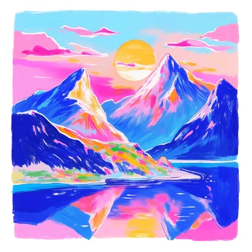 A mountain range with tall, jagged peaks is illuminated by a sunrise. The sky is filled with vibrant hues of orange, pink, and purple as the sun rises above the horizon. The mountains are covered in patches of green vegetation and rocky surfaces. Wispy clouds drift across the sky, reflecting the colors of the sunrise. In the foreground, a serene lake captures the reflection of the mountains and the colorful sky above.