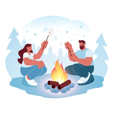 A man and a woman are sitting close together by a glowing campfire. The fire is surrounded by small, smooth stones, and the flames are casting warm light on their surroundings. The couple is holding skewers with marshmallows positioned over the fire, ready to roast them. Above them, the night sky is filled with stars, creating a beautiful backdrop. The silhouettes of trees are visible in the distance, enhancing the outdoor camping atmosphere.