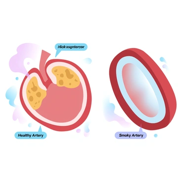 An illustration depicting a detailed image of coronary arteries affected by smoking. The arteries are shown in a cross-section format, revealing the buildup of plaque along the inner walls, indicated as a yellowish deposit. Surrounding the arteries, there are smoke wisps represented in a gradient pastel color, symbolizing the harmful effects of smoking. In contrast, healthy coronary arteries are depicted alongside with a smooth, clear inner lining, emphasizing the difference. Small labels on the image highlight "Healthy Artery" and "Smoky Artery" for clarity.