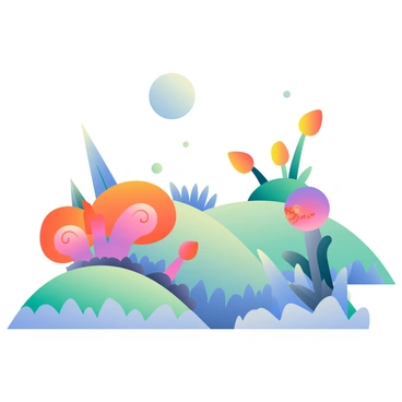 A vibrant alien landscape is filled with unusual plants in various colors and shapes. Some plants have oversized, spiral leaves, while others resemble glowing mushrooms in bright hues of orange and blue. In the sky above, there are two moons, one larger and pale blue, and the other smaller and glowing purple. The terrain is uneven with hills and valleys, covered in a carpet of soft, multicolored grass. There are small, floating orbs of light hovering above the ground, adding to the otherworldly atmosphere.