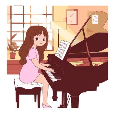 A petite girl with long brown hair is sitting on a white piano bench, her fingers gracefully pressing the keys of a grand piano. The piano has an elegant black finish, reflecting the warm light from a nearby lamp. The room is filled with soft, amber hues, and the walls are adorned with framed music sheets and a few potted plants. Sunlight streams in through a window, casting gentle shadows around the girl as she displays a look of deep concentration on her face while playing.