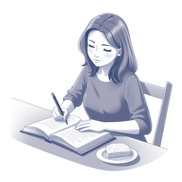 Frances writing down her favorite jam recipe in a notebook with a slice of bread nearby.