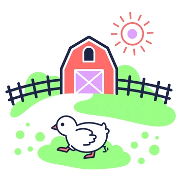 A small baby chick is roaming freely on a farm. The chick has soft, fluffy feathers and is exploring the green grass beneath its tiny feet. In the background, there is a red barn with a large door and a small window. The barn is surrounded by green fields, and a wooden fence can be seen encircling the area. The sun is shining down, creating a bright atmosphere on the farm.