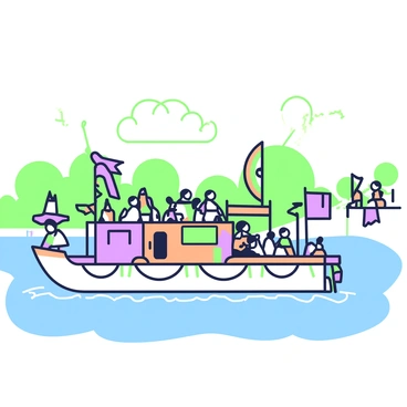 A barge is floating on a river, adorned with an array of flags and banners that are fluttering in the breeze. The barge is large and features a wooden deck with people gathered on it, some chatting and enjoying the festivities. Along the sides of the barge, there are colorful streamers hanging down, adding to the festive atmosphere. In the background, the riverbank is visible with trees and a few spectators watching the event unfold. Bright sunlight reflects off the water, creating a lively scene for the river festival.