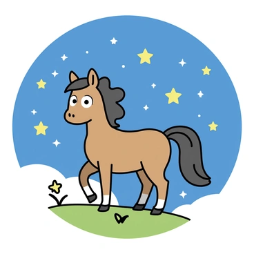 A small pony, with a shiny chestnut coat and a long, flowing mane, stands on a grassy hilltop. The pony's large, expressive eyes are focused on the "starry night sky," filled with numerous bright stars twinkling against a deep blue backdrop. The hill is gently sloping, with patches of green grass and a few wildflowers. The scene captures a sense of calmness and wonder as the pony gazes up at the vastness of the universe.