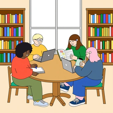 A group of four friends sitting around a circular wooden table in a quiet library. The first friend is a girl with curly black hair wearing glasses, focused on her laptop. The second friend is a boy with short blonde hair, looking at a thick textbook while taking notes with a blue pen. The third friend has long brown hair tied in a ponytail and is sharing a colorful notebook filled with drawings and notes. The fourth friend is a girl with dyed pink hair, sipping from a reusable water bottle, with a laptop open in front of her. Around them, shelves filled with colorful books stretch towards the ceiling, and soft light filters in from tall windows. A cozy atmosphere surrounds the group as they collaborate on their studies.