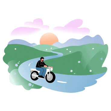 A motorcyclist in a black leather jacket and helmet is riding a sleek motorcycle along a winding road. The road curves through lush, green rolling hills that are bathed in the warm glow of a sunset. The sky displays a gradient of pastel colors, with shades of pink, orange, and lavender merging together as the sun dips below the horizon. The hills are dotted with patches of wildflowers in soft hues, enhancing the serene landscape. The scene captures the essence of freedom and adventure on a beautiful evening.