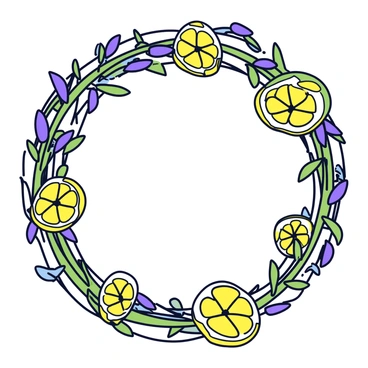 A circular wreath made of green lavender sprigs, tightly intertwined. Scattered among the lavender are several dried lemon slices, showcasing their vibrant yellow color and textured surface. The arrangement creates a harmonious blend of purple and yellow, with hints of green from the leaves. The wreath is displayed on a simple, light-colored background.
