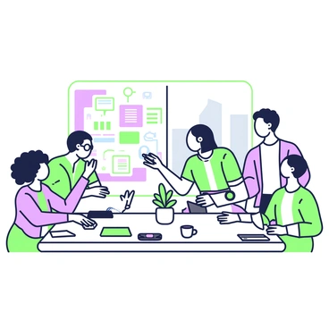 A diverse team of colleagues brainstorming around a conference table.
